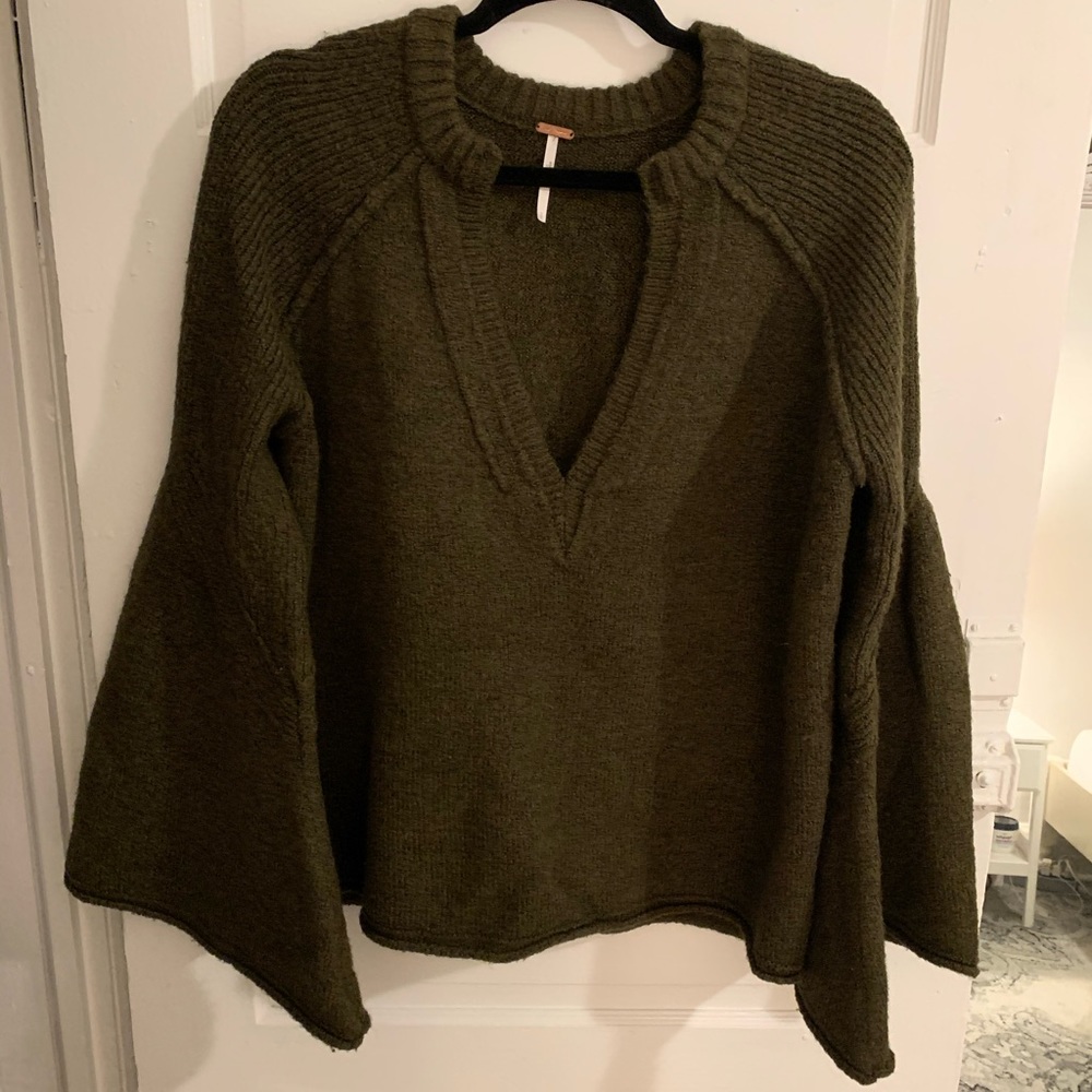 Olive green Free People bell-sleeve sweater